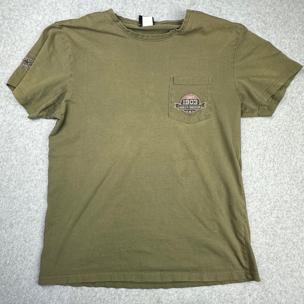 Harley-Davidson Beach House Shallotte NC Pocket T-Shirt Mens Large‎ Olive Green